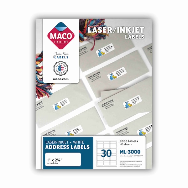 Maco Laser/Inkjet Shipping Labels, PK3000 MML3000 Zoro